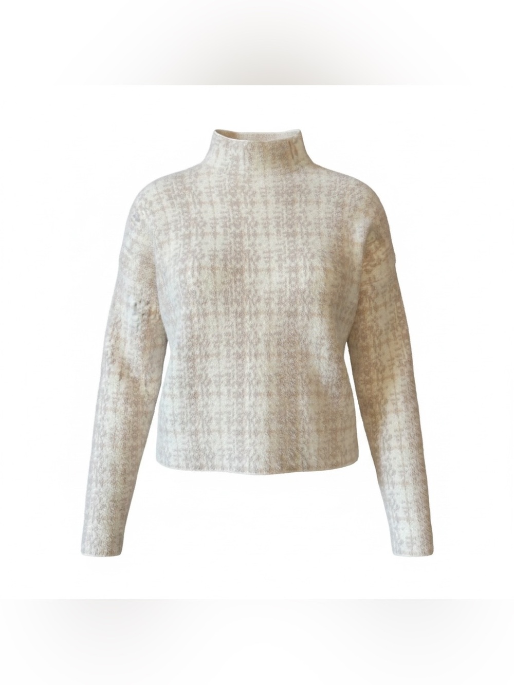 Nicole Miller Knit Sweater Women’s XS Mock Turtleneck Abstract Plaid Cream Taupe